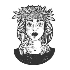 girl in Narcotic cannabis plant weed wreath on her head line art sketch engraving vector illustration. T-shirt apparel print design. Scratch board imitation. Black and white hand drawn image.