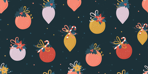 Cute hand drawn christmas baubles with decoration, lovely christmas seamless pattern, great for textiles, wrapping, banners, wallpapers - vector design