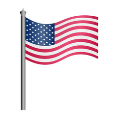United States of America flag. Fabric with stars. The national symbol of the state develops in the wind. Colored vector illustration. Isolated white background. Political topics. Flat style. 