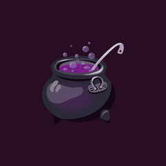 Witch cauldron with boiling purple magic poison potion from fantasy mushrooms.