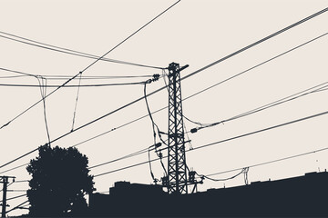 Silhouettes of a railway poles, cables. Vector Illustration
