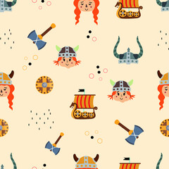Vector image. Funny modular image of Vikings to decorate. Design for children. Continuous module to expand.