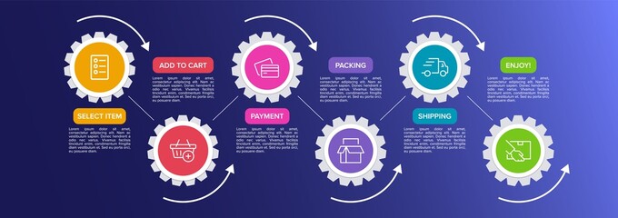 Concept of shopping process with 6 successive steps. Six colorful graphic elements. Timeline design for brochure, presentation, web site. Infographic design layout.