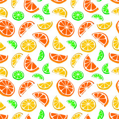 Fruit citrus seamless pattern orange lemon and lime slices flat illustration