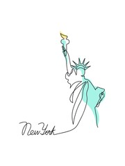 One line Statue of Liberty. New York art. Single line illustration - obrazy, fototapety, plakaty