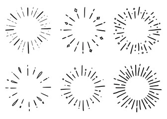 Hand drawn set of sunburst shine ray and sparkle. Doodle sketch style. Circle burst of sun, star. Vector illustration.