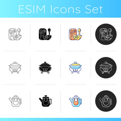 Trendy tableware icons set. Irregular shape tableware. Vintage style dinningware. Food warming tray. Ceramic oven dish. Linear, black and RGB color styles. Isolated vector illustrations