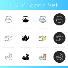 Dinner accessories icons set. Tempered double glass teapot for hot liquids. Ceramic oven dish. up and saucer set. Linear, black and RGB color styles. Isolated vector illustrations