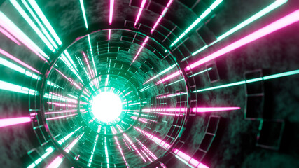  Sci-Fi Tube. Futuristic information technology. Neural digital signal. Pink and green color light. 3d rendering.