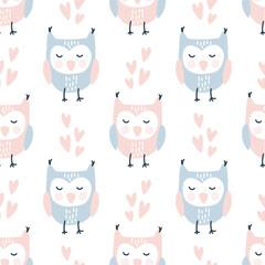 Scandinavian Valentine love seamless pattern with cute owls and hearts, endless romantic texture. cute colourfull retro owl pattern background in vector