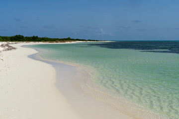 Deserted tropical beach with white sand and the Caribbean Sea. Island of Cozumel, Mexico. The ideal place to relax
