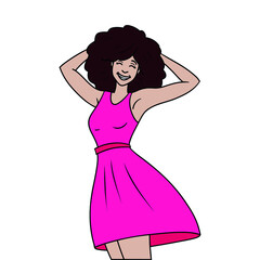 Woman with long red dress and afro with arms behind her head.