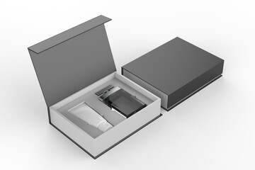 Blank cosmetic gift set box for branding, 3d illustration.