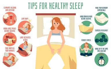 Medical banner with tips for healthy sleep, flat vector illustration.