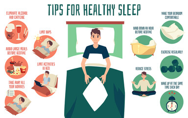 Vector banner with reasons of sleeping problems and tips for prevent to insomnia