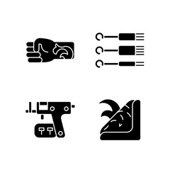 Tattoo and piercing tools black glyph icons set on white space. Special needles for injecting ink into skin. Gun to make holes in skin for jewellery. Silhouette symbols. Vector isolated illustration