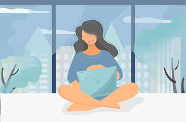 The girl in the lotus position works at the computer. A young woman with a laptop is sitting on the windowsill. Large window overlooking the city in an apartment or office. Remote work.Vector.
