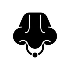 Nose piercing black glyph icon. Professional procedure to inject jewellery into nostrils. Beautiful accessories from valuable materials. Silhouette symbol on white space. Vector isolated illustration