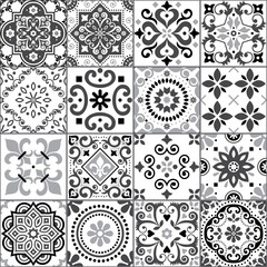 Collection de motifs vectoriels harmonieux de carreaux azulejos portugais et espagnols en gris sur blanc, grand ensemble de motifs floraux traditionnels inspirés de l& 39 art des carreaux du Portugal et de l& 39 Espagne