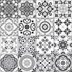 Cercles muraux Portugal carreaux de céramique Collection de motifs vectoriels harmonieux de carreaux azulejos portugais et espagnols en gris sur blanc, grand ensemble de motifs floraux traditionnels inspirés de l& 39 art des carreaux du Portugal et de l& 39 Espagne