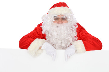 Crazy cheerful Santa Claus near copy space area, isolated over white background. Merry Christmas and New Year concept