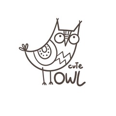 Cute doodle owl emblem. Funny vector character. Line art animal print. Cartoon bird poster.