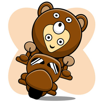 bear costume cartoon character design illustration riding a motorcycle