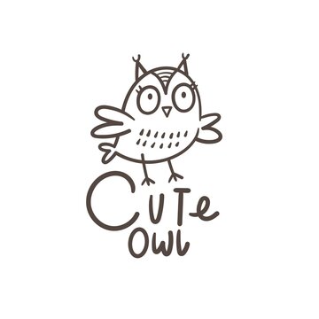 Cute doodle owl emblem. Funny vector character. Line art animal print. Cartoon bird poster.