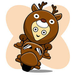Deer costume cartoon character design illustration riding a motorcycle