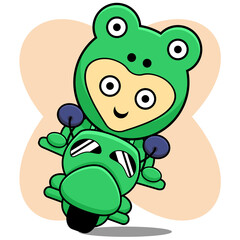 Frog costume cartoon character design illustration riding a motorcycle