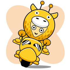 giraffe costume cartoon character design illustration riding a motorcycle