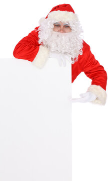 Crazy cheerful Santa Claus near copy space area, isolated over white background. Merry Christmas and New Year concept
