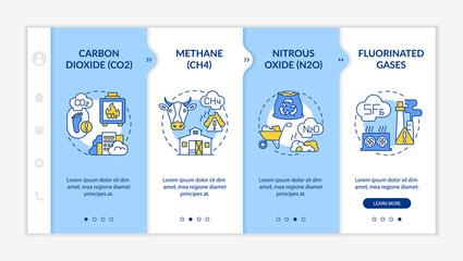 Principal greenhouse gases onboarding vector template. Responsive mobile website with icons. Web page walkthrough 4 step screens. Carbon dioxide, nitrous oxide color concept with linear illustrations - obrazy, fototapety, plakaty