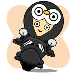 Obraz premium penguin costume cartoon character design illustration riding a motorcycle