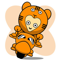 tiger costume cartoon character design illustration riding a motorcycle