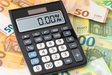calculator showing zero percent interest rate on Euro banknotes, cheap borrowing concept