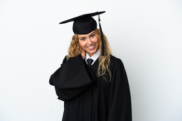 Young university graduate isolated on white background laughing