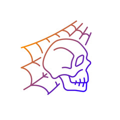 Skull with spider web gradient linear vector icon. Horror story. Halloween decoration. Solve puzzle, clues for riddle. Thin line color symbols. Modern style pictogram. Vector isolated outline drawing