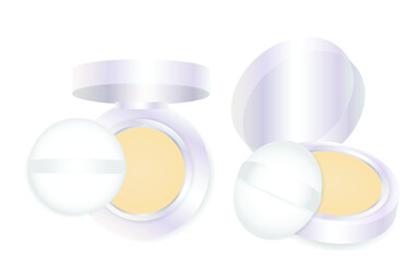 Compact powder.Cushion face foundation case and velour powder puff.Cosmetic mock up.Cheek blush.Vector illustration for branding and ads.Top and front view.Banner design.Body and skin care.Template.