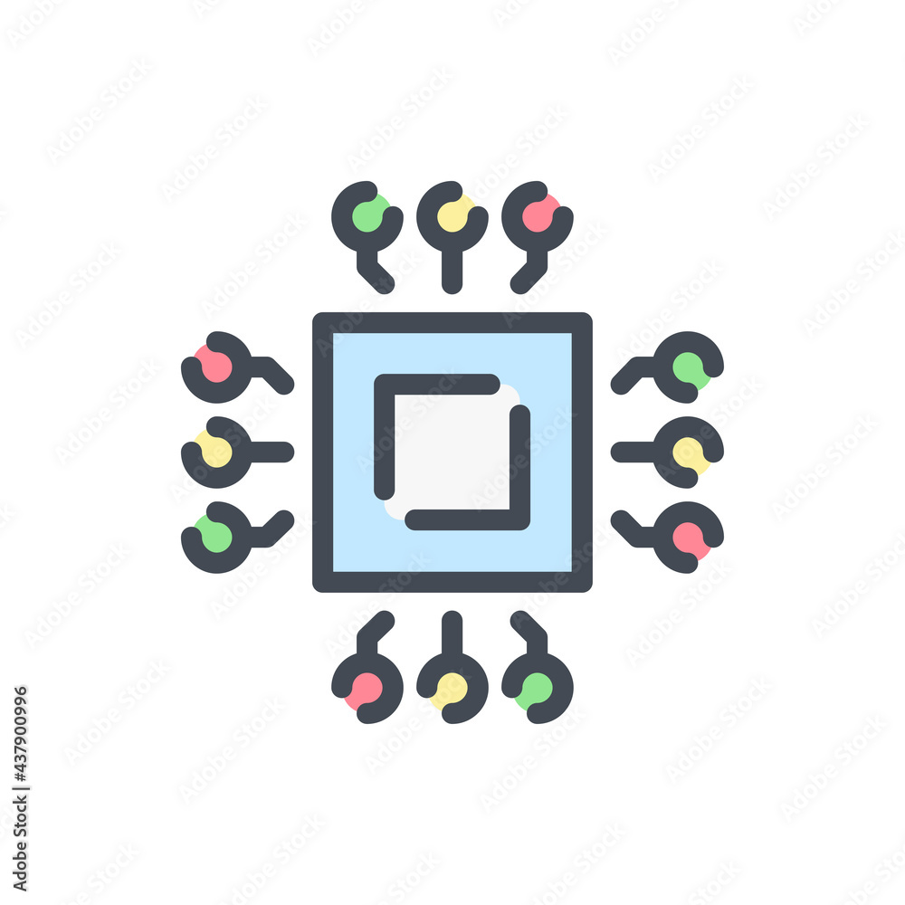 Poster microchip with connection color line icon. chip with connection to main components vector outline co