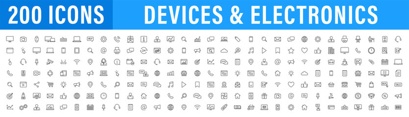 Set of 200 Technology and Electronics and Devices web icons in line style. Device, phone, laptop, communication, smartphone, ecommerce. Vector illustration.