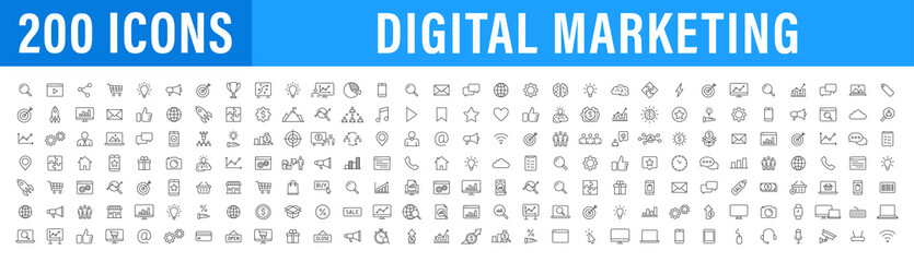 Obraz na płótnie Canvas Set of 200 Digital Marketing web icons in line style. Social, networks, feedback, communication, marketing, ecommerce. Vector illustration.