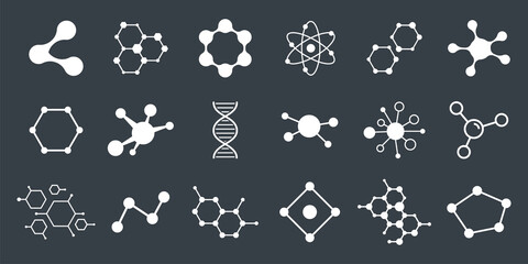 Set of molecule badge. Connected hexagonal molecule badge. Molecular structure. DNA connect diagram. Medical label or icons. Vector illustration.
