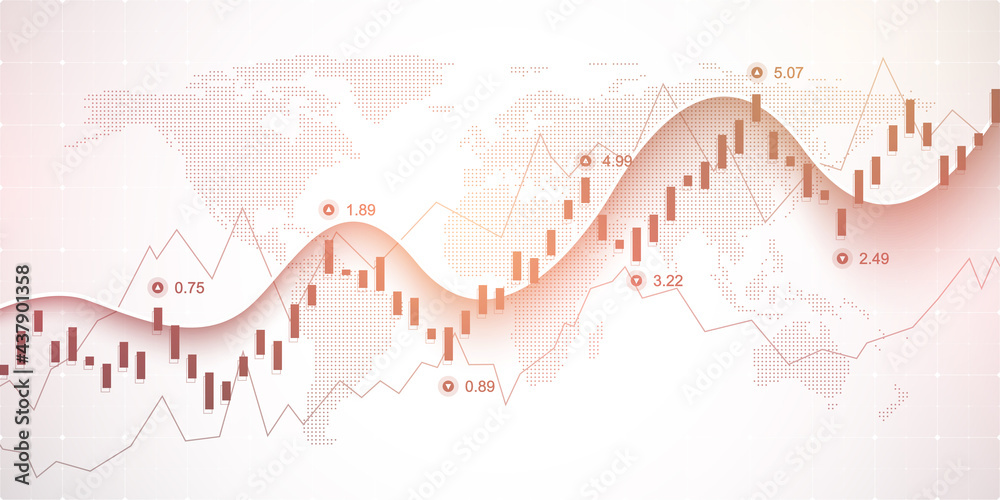 Poster Abstract financial chart with uptrend line graph and world map on black and white color background. Business Candle stick graph chart of stock market investment trading. Vector illustration