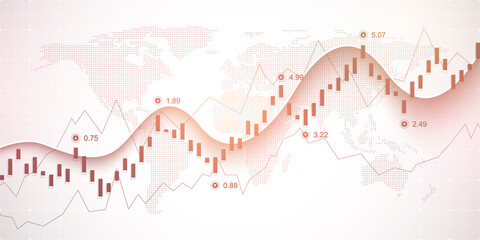 Abstract financial chart with uptrend line graph and world map on black and white color background. Business Candle stick graph chart of stock market investment trading. Vector illustration