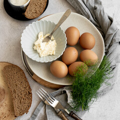 Ingredients for healthy farm cooking - eggs, whole wheat black bread, goat cream cheese and fresh raw fennel