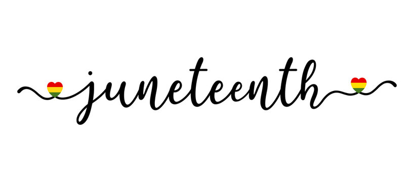 Hand sketched JUNETEENTH word with herts as banner. Lettering or modern calligraphy. Vector