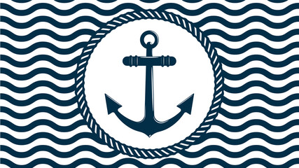anchor ship inside ring of thick rope against background of seamless pattern with sea waves. Emblem with anchor in separate layer. Vector
