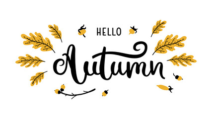 Fototapeta na wymiar Hello Autumn - hand-drawn lettering with decoration of oak leaves, acorns and rose hips. Black and yellow colors. Isolated on white background.