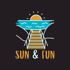 Summer vacation concept vector design with sunset over sea on a black background